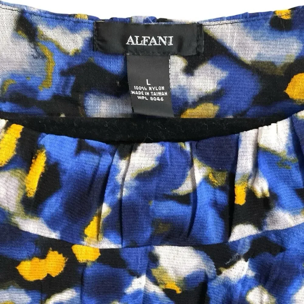 ALFANI Blue‎ Abstract Floral Print 3/4 Sleeve Tunic Blouse Sz L Pleated Neckline